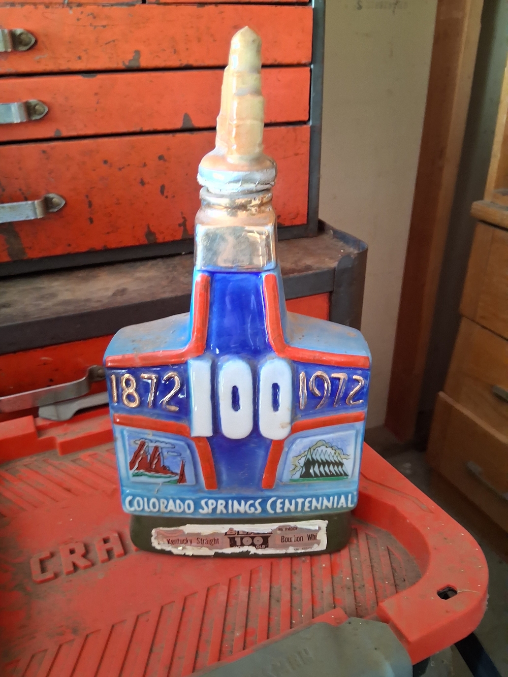 Colorado Springs Centennial 1872-1972 Commemorative Decanter - Blue/Red